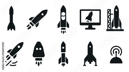 Space exploration solid icon set. rockets, satellites and astronomy icons collection