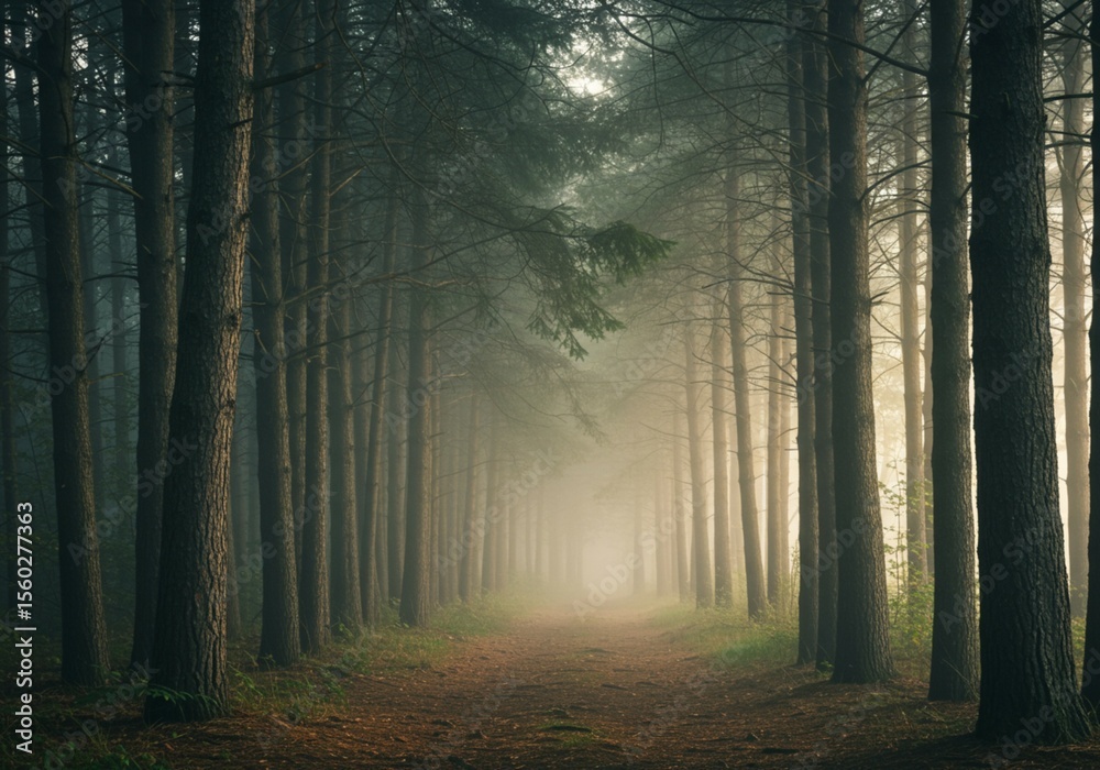Fototapeta premium A peaceful forest path surrounded by tall pine trees, gently illuminated by early morning sunlight filtering through the mist, creating a serene and mystical atmosphere.