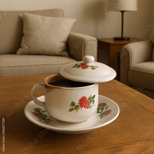 a cup of coffee in a vintage style living room.