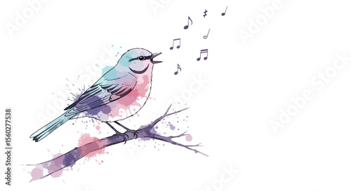 Singing Bird Watercolor with Floating Music Notes