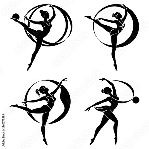 Four silhouettes of gymnasts in various poses with circles and ball in black and white design