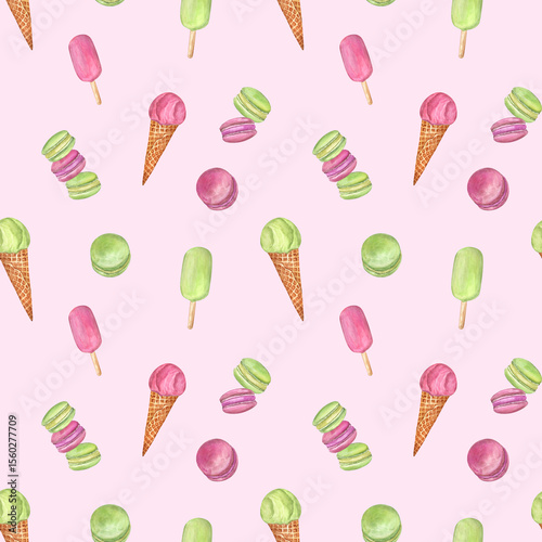 Summer seamless pattern with ice cream and macarons on pink background. Watercolor hand drawn elements. Colorful and joyful design for textile, wallpaper, wrapping paper