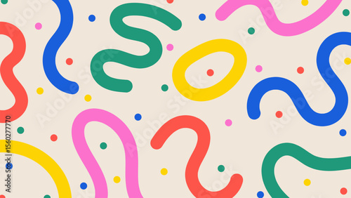 Fun abstract background with multi colored squiggly lines. Doodle design with hand drawn colorful shapes, stripes and dots