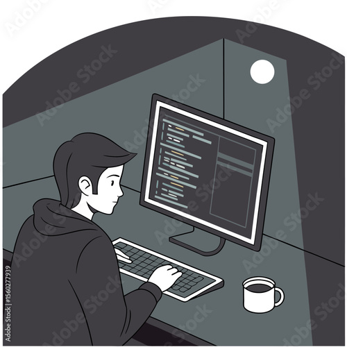 A person coding at a computer with a cup of coffee on the desk in a dimly lit room at nighttime