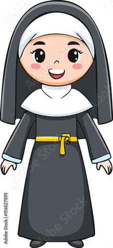 Cartoon depiction of a happy nun in religious attire.