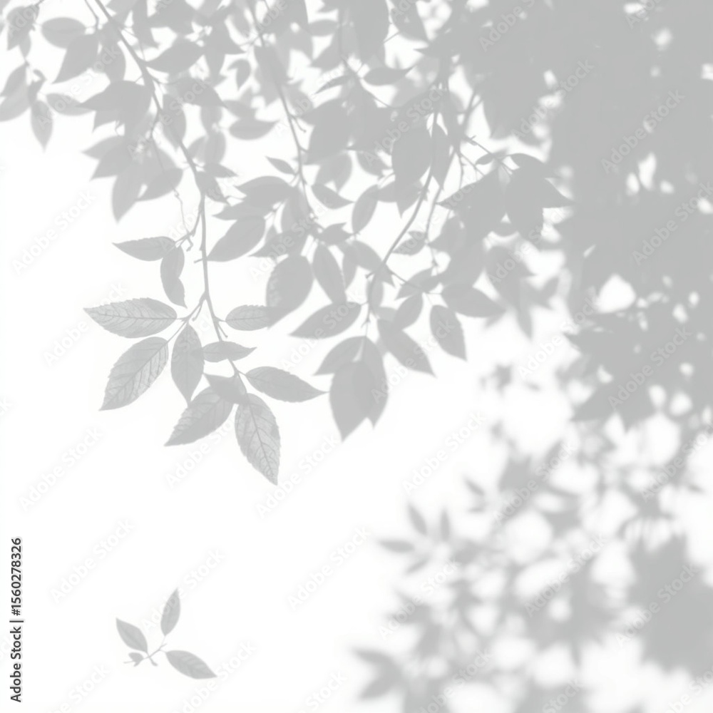 Fototapeta premium shadow overlay effect. Gray shadow of leaves isolated on white background. Plant foliage leaf shadow light effect. Mockup Blurred tree branch shadow. Ideal for summer spring design elements PNG