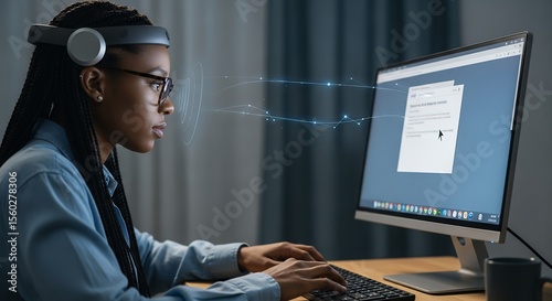 Focused young woman uses eye-tracking technology while working on computer.
