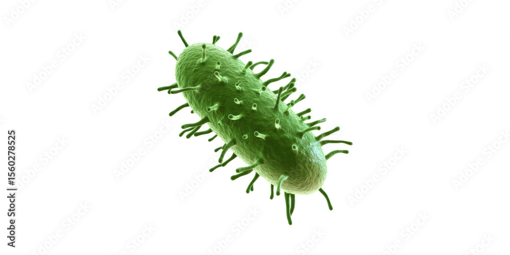 Fototapeta premium Green Bacterium Cell With Flagella. Microbiology And Pathogen Study Isolated On Transparent Background