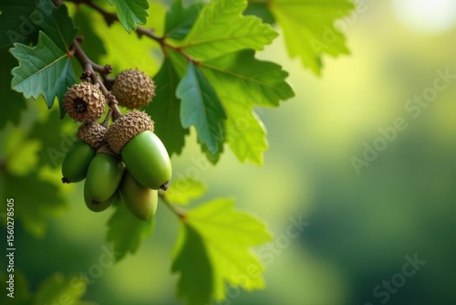 Cork oak branches laden with acorns, green leaves, cow feed, Quercus suber