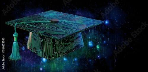 Green digital graduation cap with futuristic interface background.