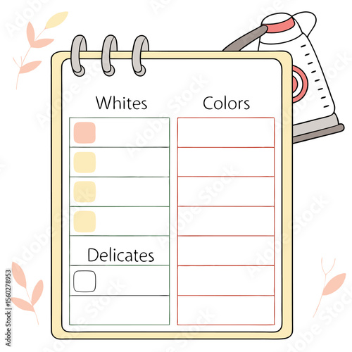 Laundry sorting guide with whites colors and delicates on a notepad next to a laundry detergent bottle