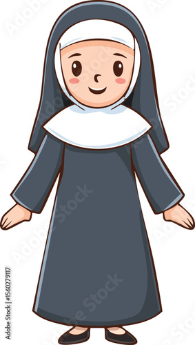 Cartoon illustration of a young nun in a habit, smiling and standing.