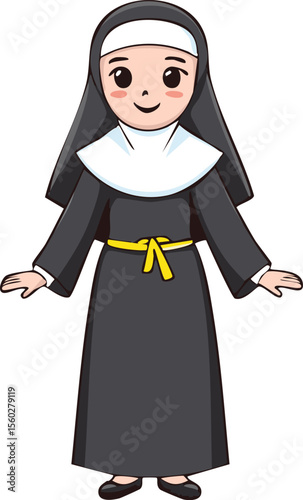A cheerful cartoon nun, depicted in a traditional black habit with a yellow sash, stands with open arms.