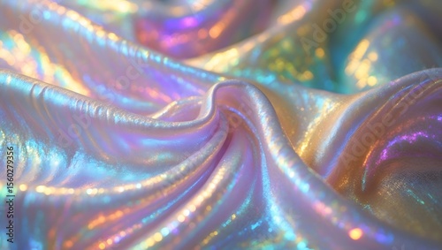 Iridescent Fabric: A captivating close-up of a shimmering, iridescent fabric in a spectrum of pastel colors, showcasing intricate folds and textures.  The light dances across the surface.