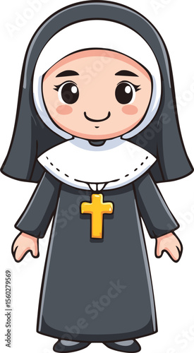 Cartoon illustration of a cute nun in a habit with a golden cross necklace, standing and smiling.