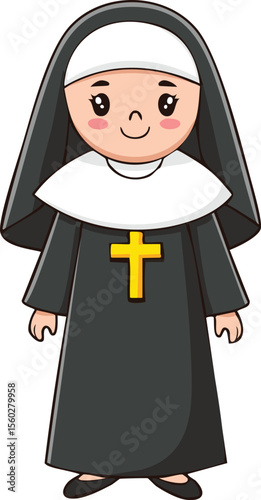 A cheerful cartoon nun, depicted in a traditional black habit with a gold cross.