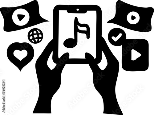 Person holding a phone with a music note on the screen surrounded by social media icons and a globe icon silhouette
