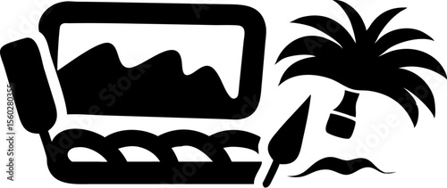 Black silhouette of a laptop displaying a mountain range near a palm tree with a stylus on a white background
