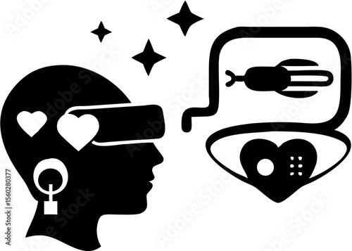 Silhouette of person wearing vr headset with hearts and stars and futuristic vision concept with eye