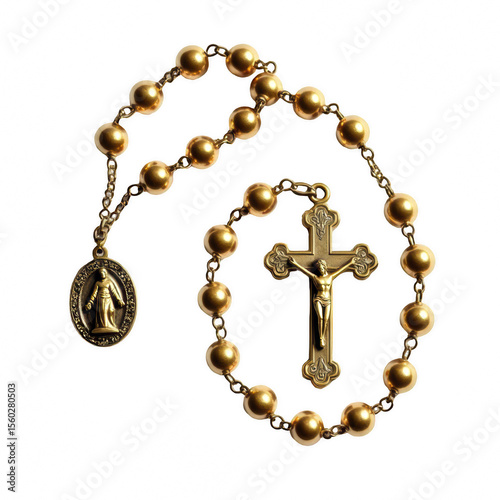 Golden rosary with crucifix and medal isolated on white background  