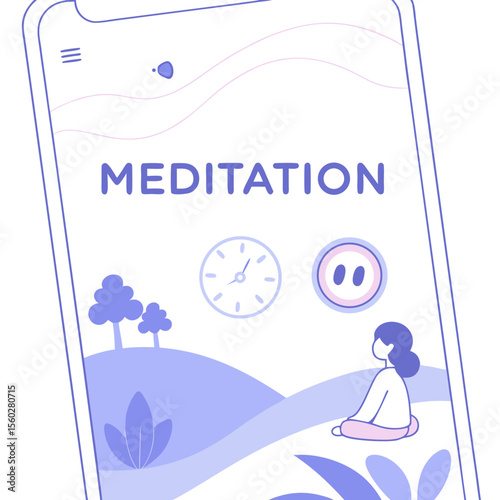 Meditation app interface showing a woman meditating in a landscape with trees and a clock icon feature
