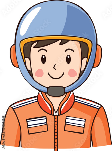 A cheerful cartoon astronaut, wearing an orange spacesuit and helmet, smiles warmly.