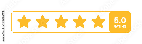 Five yellow stars with 5.0 rating in modern rectangular badge shape, vector feedback element for rating system, customer satisfaction review UI design, isolated vector icon on transparent background
