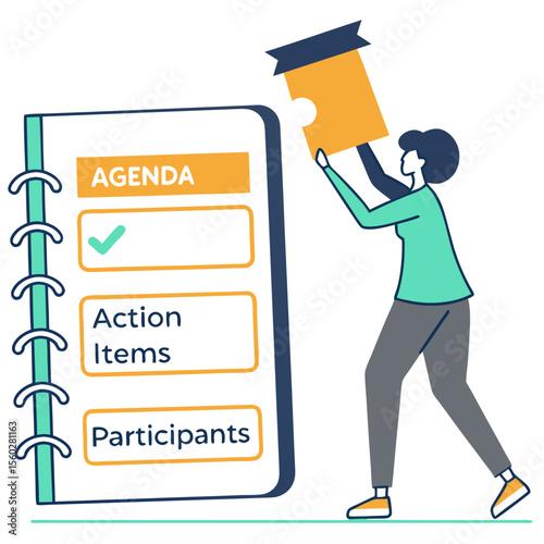 Woman completing agenda with puzzle piece on notebook with action items and participants listed on it