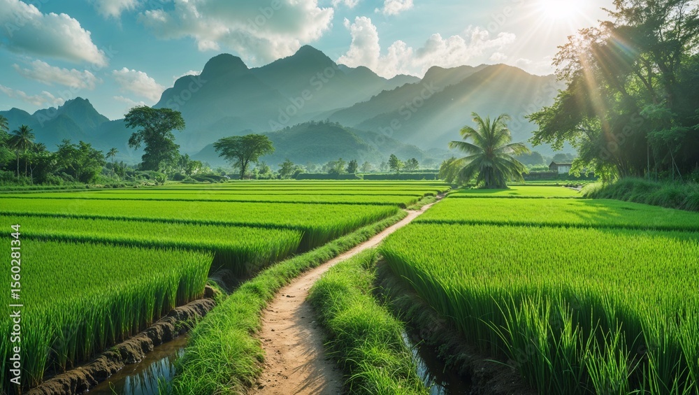 Fototapeta premium landscape with green field and mountains in the morning