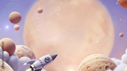 3D Cartoon Rocket in Colorful Outer Space Scene