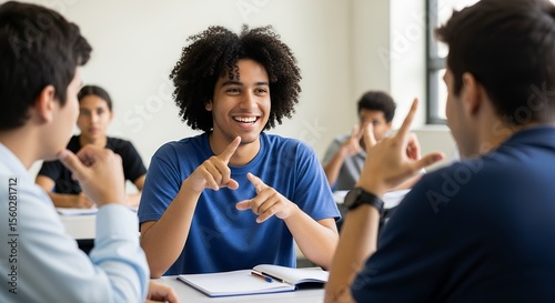 Students engaged in animated conversation, likely using sign language, in a classroom setting.