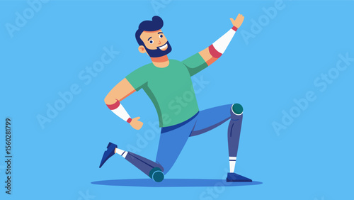 A man happily posing with his prosthetic leg not trying to hide it or cover it up but instead embracing it as a part of him.. Vector illustration