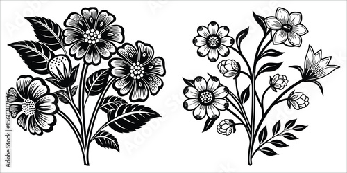 Black floral motifs with detailed petals and leaves