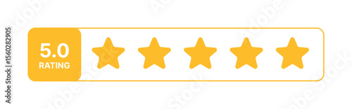 Customer satisfaction rating bar vector with five yellow stars, flat icon for reviews, scoring interface design, product evaluation, user feedback visual on transparent background digital platforms