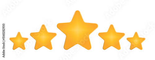 Shiny golden five star rating vector with central large star, review icon for client feedback, premium quality mark, reputation symbol, glowing star set on transparent background, illustration rating