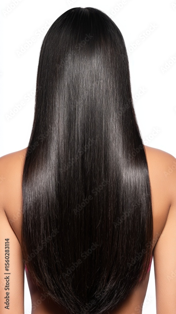 Obraz premium Healthy Long Straight Black Hair from Behind Woman's Shiny and Smooth Haircare