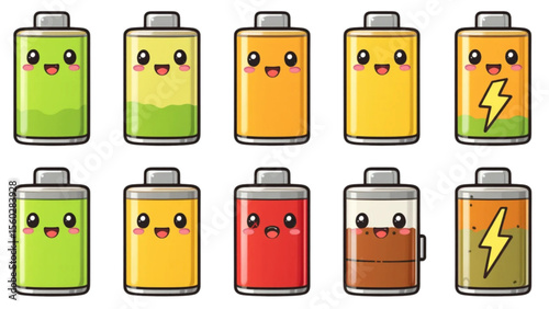 A collection of cartoon batteries, each with a different charge level and happy expressions.