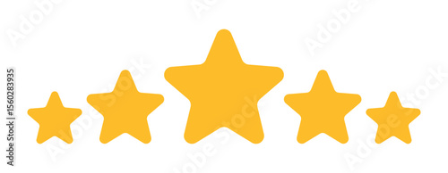 Flat yellow five star vector rating icon with central star bigger, minimal design for feedback interface, customer reviews, service quality measure, transparent background, scalable user rating system