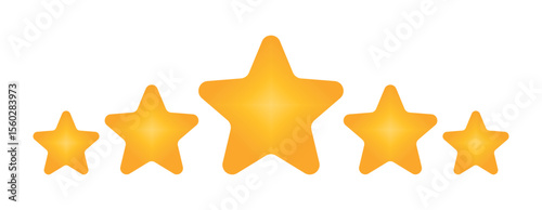 Five golden rating stars with glossy gradient design, center star larger than others, customer review symbol, rating feedback icon, transparent vector background, high quality satisfaction concept