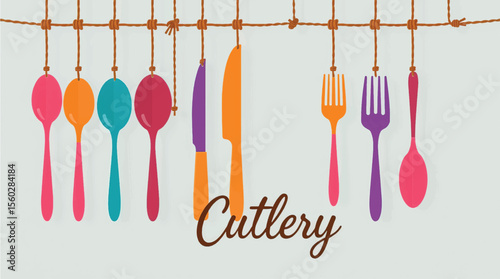 Kitchen spoons cutlery set on teal background vector illustration 