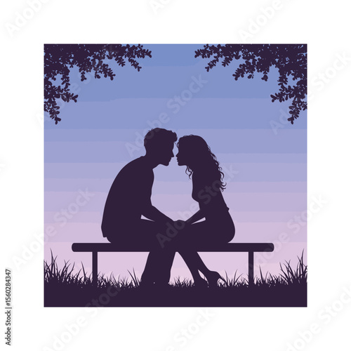 Silhouette of Couple Kissing on a Bench at Sunset Romantic Park Date Image