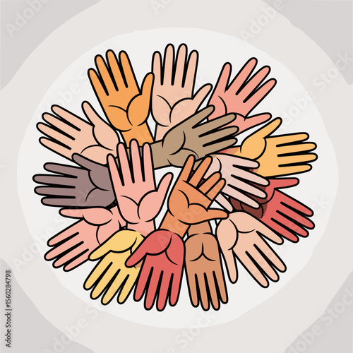 Diverse hands reaching up symbolizing unity, community, cooperation, support, multiculturalism, and teamwork.
