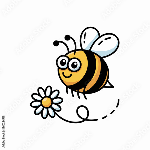 Cartoon bee flying to flower, cute insect graphic, whimsical, happy, spring