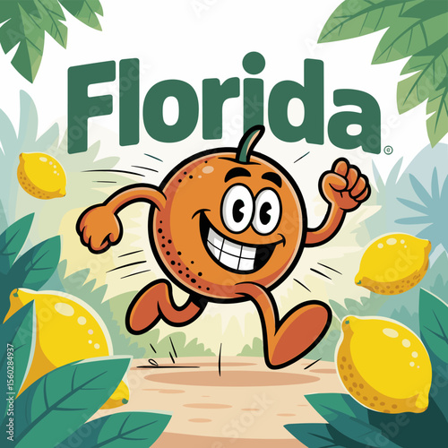 Florida orange mascot running with lemons in a whimsical cartoon illustration