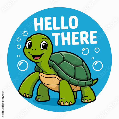 Cute turtle with hello there text, cartoon animal smiling with bubbles on blue background