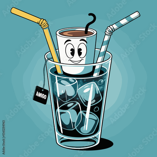 Cartoon glass drink with coffee character, ice cubes and straws. Fun concept