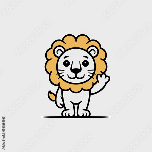 Cute cartoon lion waving hello, friendly animal mascot with welcoming gesture