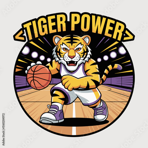 Tiger power basketball player cartoon dribbling ball on court with lights