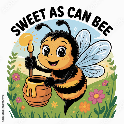 Cute cartoon bee holding honey dipper and honey pot illustration sweet as can bee