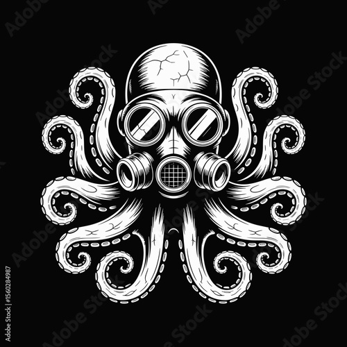 Octopus wearing gas mask, steampunk animal concept, marine life with pollution protection